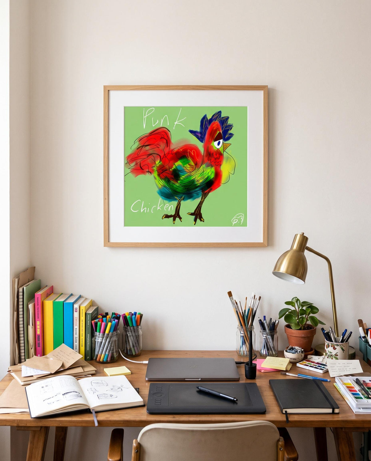 Punk Chicken art print, colorful rooster illustration by Carmelart