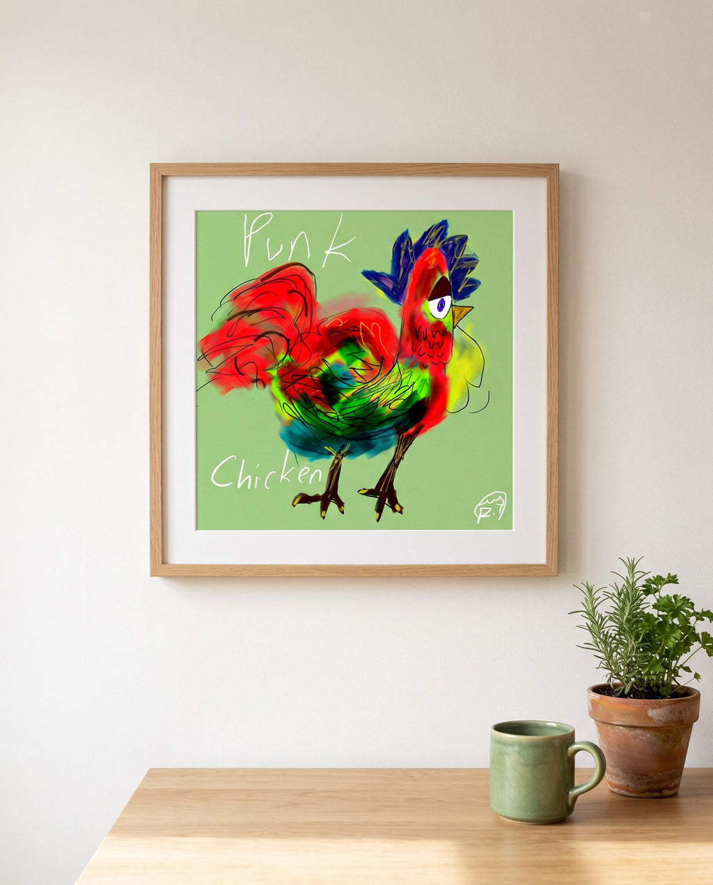 Punk Chicken art print, colorful rooster illustration by Carmelart